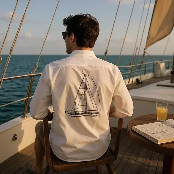 Turnbury 100% Cotton Button Up Shirt Long Sleeve White Sail Boat Size Large EUC - Picture 1 of 13